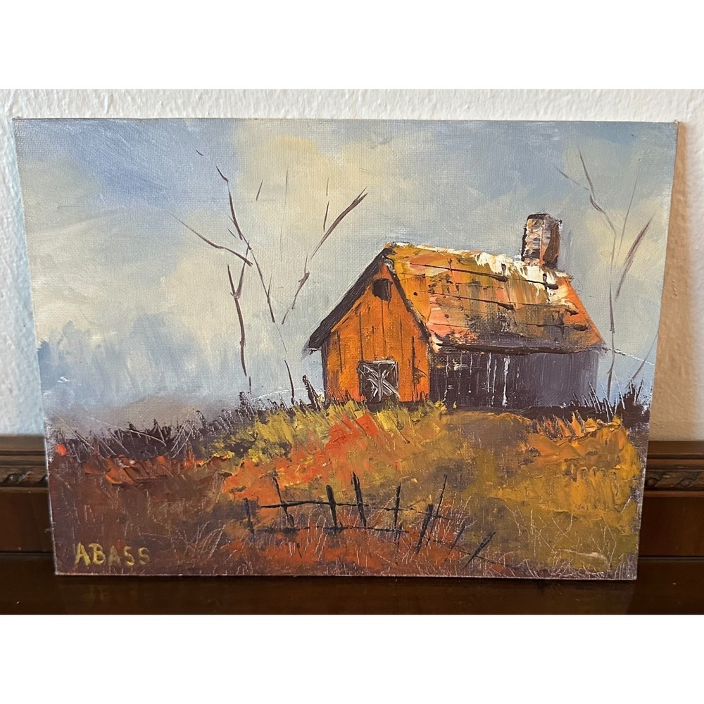 Vintage Artist Signed Oil painting 9'' x 12'' Original House Barn with Trees